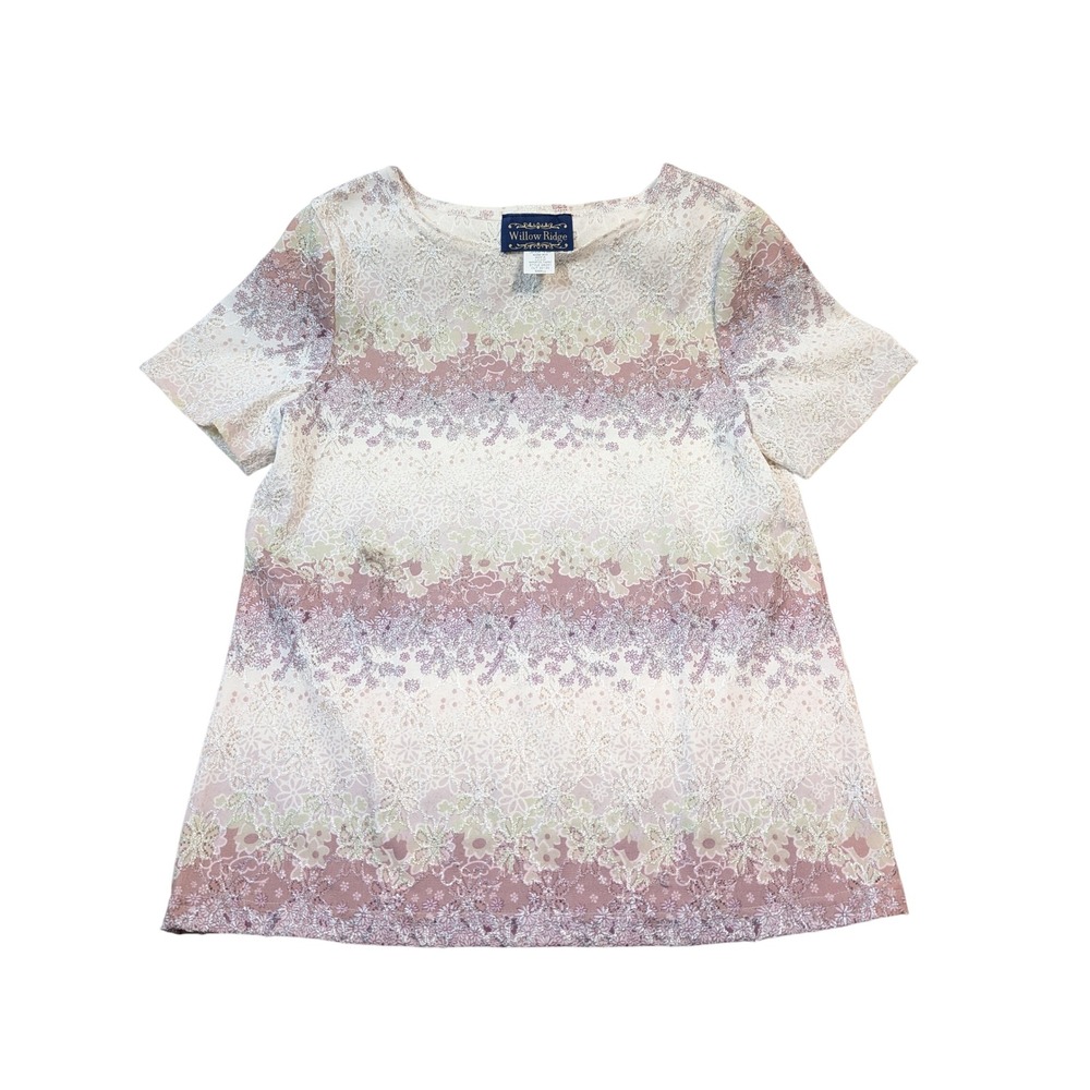 Willow Ridge Women Floral Lace Top Small Pink Metallic Silver Short Sleeve
